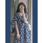 Short-sleeve V-neck Floral Button-up A-line Dress