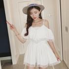 Lace Trim Pleated Off-shoulder Elbow-sleeve Playsuit