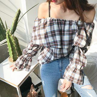 Off-shoulder Ruffled Plaid Top