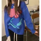 Long-sleeve Round Neck Flower Sweater Blue - One Size