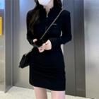 Long-sleeve Zip Knit Mini Bodycon Dress Black - One Size