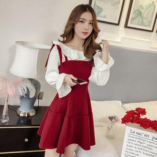 Set: Ruffle Blouse + Mini A-line Pinafore Dress