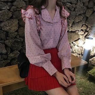 Heart Print Frill Trim Blouse / Tiered Mini Skirt