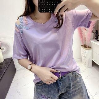 Short-sleeve Sequined Cold-shoulder T-shirt