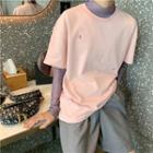 Embroidered Elbow-sleeve T-shirt / Lettering Long-sleeve Mesh Top