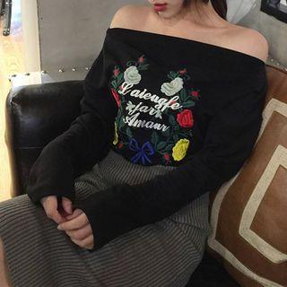 Flower Embroidered Off Shoulder Long Sleeve Top
