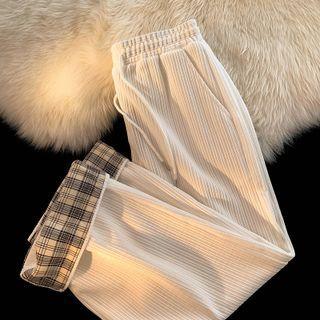 Plaid Trim Drawstring Corduroy Pants