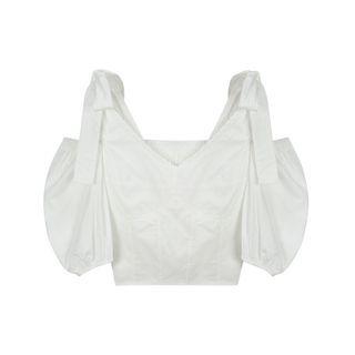 Puff-sleeve Off-shoulder V-neck Plain Tie-strap Cropped Top White - One Size