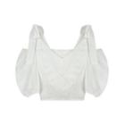Puff-sleeve Off-shoulder V-neck Plain Tie-strap Cropped Top White - One Size