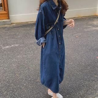 Long-sleeve Denim Shirt Dress Denim Blue - One Size