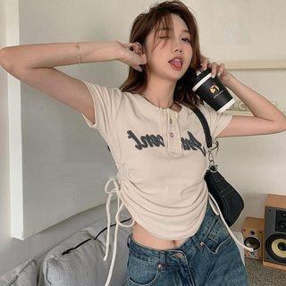 Short-sleeve Lettering Drawstring Ribbed T-shirt
