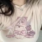 Short-sleeve Cat Print Drawstring Cropped T-shirt