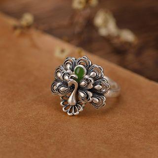 Peacock Sterling Silver Open Ring 1pc - Silver & Green - One Size