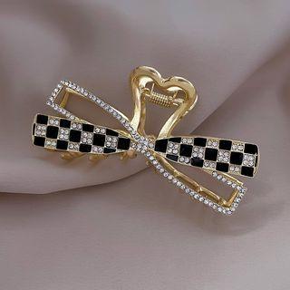 Bow Checker Rhinestone Alloy Hair Clamp Black & White Check - Gold - One Size