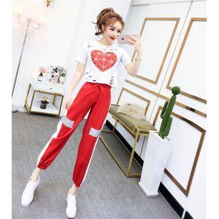 Set: Short-sleeve Heart Print T-shirt + Harem Pants