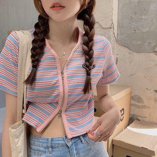 Short-sleeve Striped Zip-up T-shirt