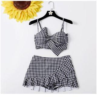 Set: Irregular Gingham Cutout Bikini Top + Ruffle Swim Skirt