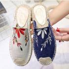 Embroidered Straw Panel Flat Mules
