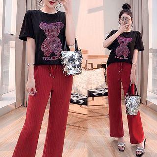 Set: Bear Print Elbow-sleeve T-shirt + Wide-leg Pants