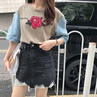 Elbow-sleeve Panel Embroidery T-shirt