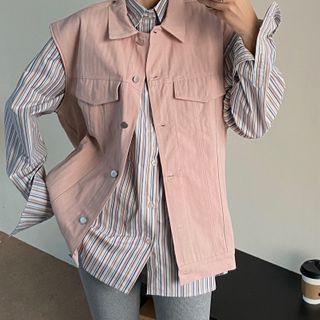 Striped Shirt/ Denim Vest