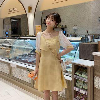 Square Collar Panel Sleeve Plaid Mini Dress
