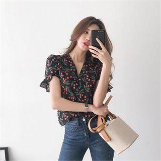 Frill-sleeve Cherry Pattern Blouse