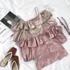 Ruffle Off-shoulder Spaghetti Strap Short-sleeve Blouse