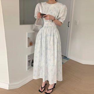 Puff Sleeve Floral Print Chiffon Dress Light Blue - One Size