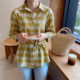 3/4-sleeve Drawstring-waist Plaid Shirt