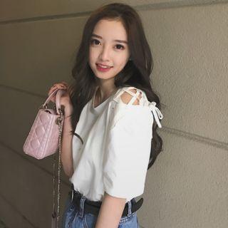 Lace-up Shoulder Crewneck T-shirt