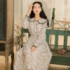 Floral Long-sleeve Pleated Midi Chiffon Dress