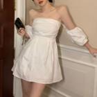 Puff-sleeve Off-shoulder A-line Dress White - One Size