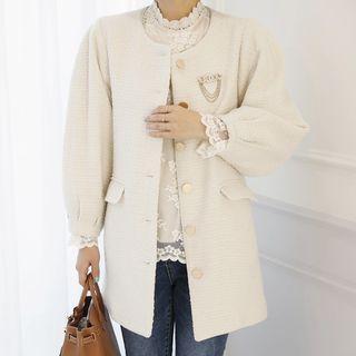 Round-neck Puff-sleeve Tweed Jacket