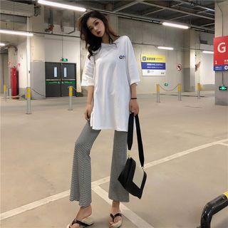 Elbow-sleeve Long T-shirt / Striped Sweatpants