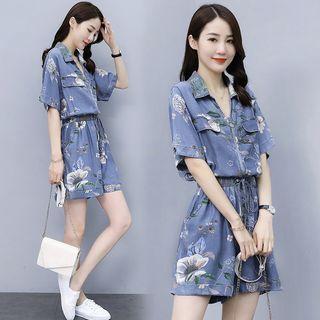 Short-sleeve Floral Denim Romper