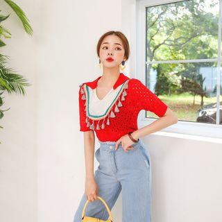Tassel-detail Perforated Knit Top