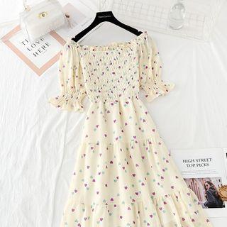Off-shoulder Heart Print Midi Chiffon Dress