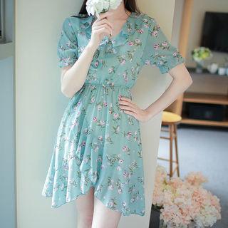 Ruffle-trim Asymmetric-hem Chiffon Floral Dress
