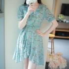 Ruffle-trim Asymmetric-hem Chiffon Floral Dress