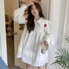 Long-sleeve Floral Embroidered Wide-collar Mini Shift Dress White - One Size