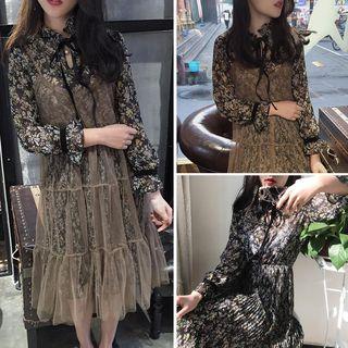 Floral Print Tie Neck Chiffon Dress