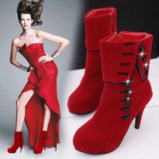 Buttoned High Heel Mid Calf Boots