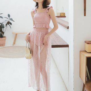 Set: Frilled Trim Bikini Top + High Waist Bottom + Mesh Skirt