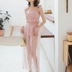 Set: Frilled Trim Bikini Top + High Waist Bottom + Mesh Skirt