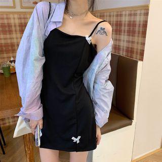 Spaghetti Strap Ribbon Detail Mini Bodycon Dress / Long-sleeve Plain T-shirt