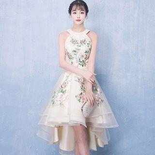 Embroidered Halter Dip Back Prom Dress