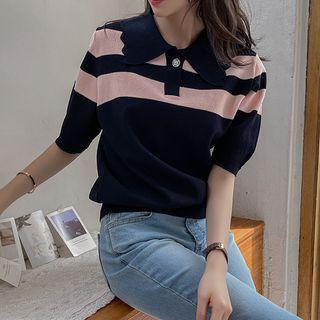 Scallop-collar Stripe Knit Top