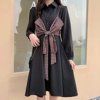 Set: Long-sleeve A-line Shirtdress + Cropped Camisole Top