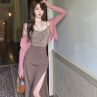 Spaghetti Strap Knot Front Ruched Crop Top / High Waist Button-up Maxi Dress / Long Sleeve Crop Cardigan